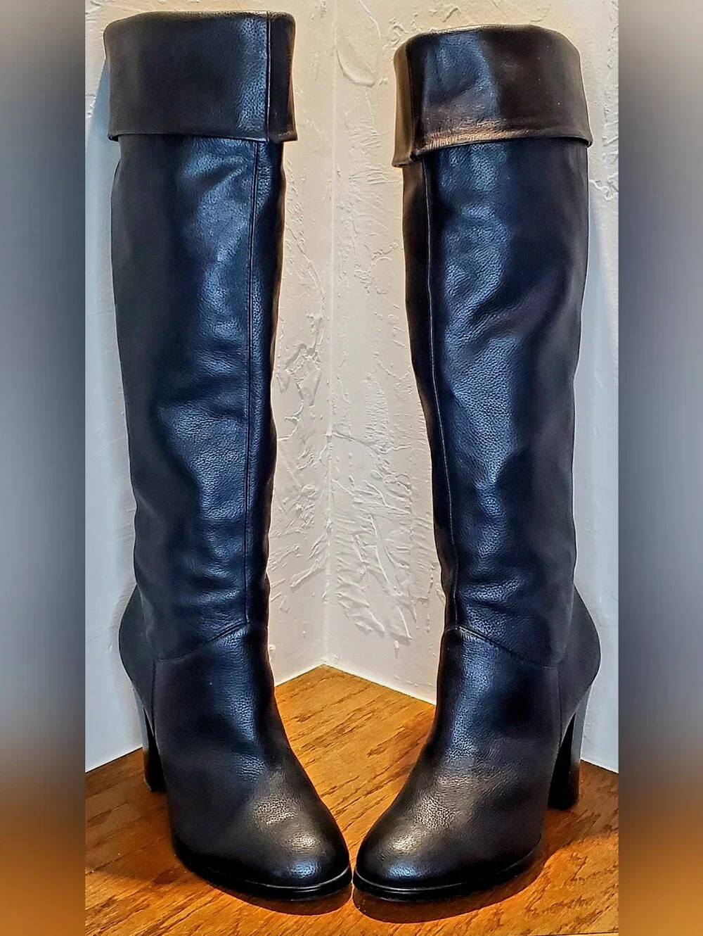 Colin Stuart Womens Sz7 Tall Leather Boots Black Knee High Cuff 3.75